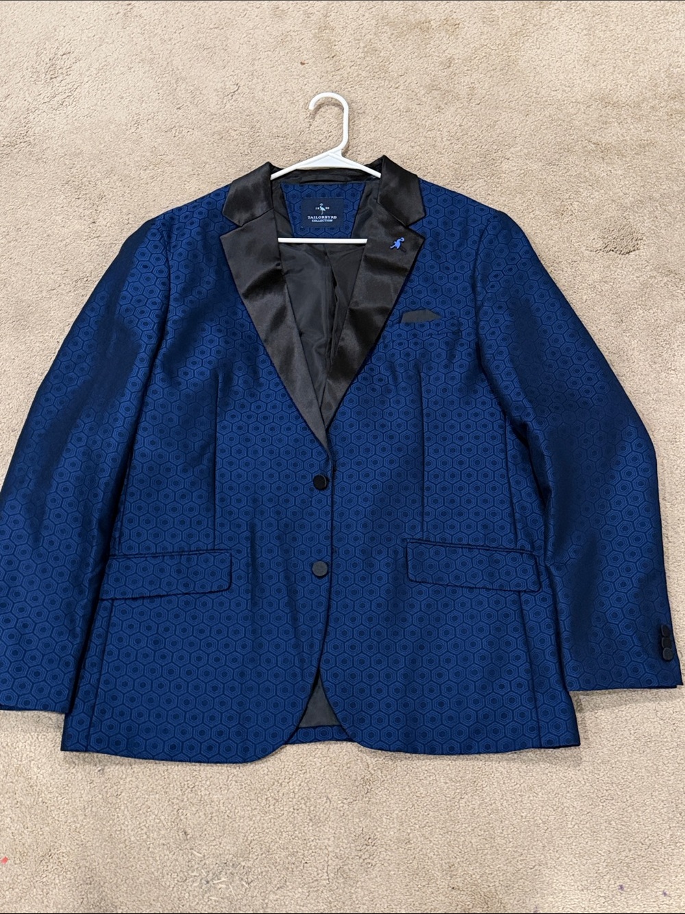 Tailorbyrd Navy Blue Textured Blazer with Black Satin Lapel